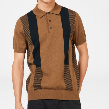 Custom men's striped knit polo in brown and navy, short sleeve, 100% wool