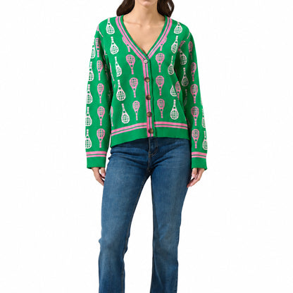Custom Green Motif V-Neck Cardigan - PG10274