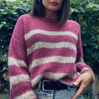 Custom 100% Cotton O-neck Striped Women’s Knitted Pullover Sweater in Pink and White - Front View