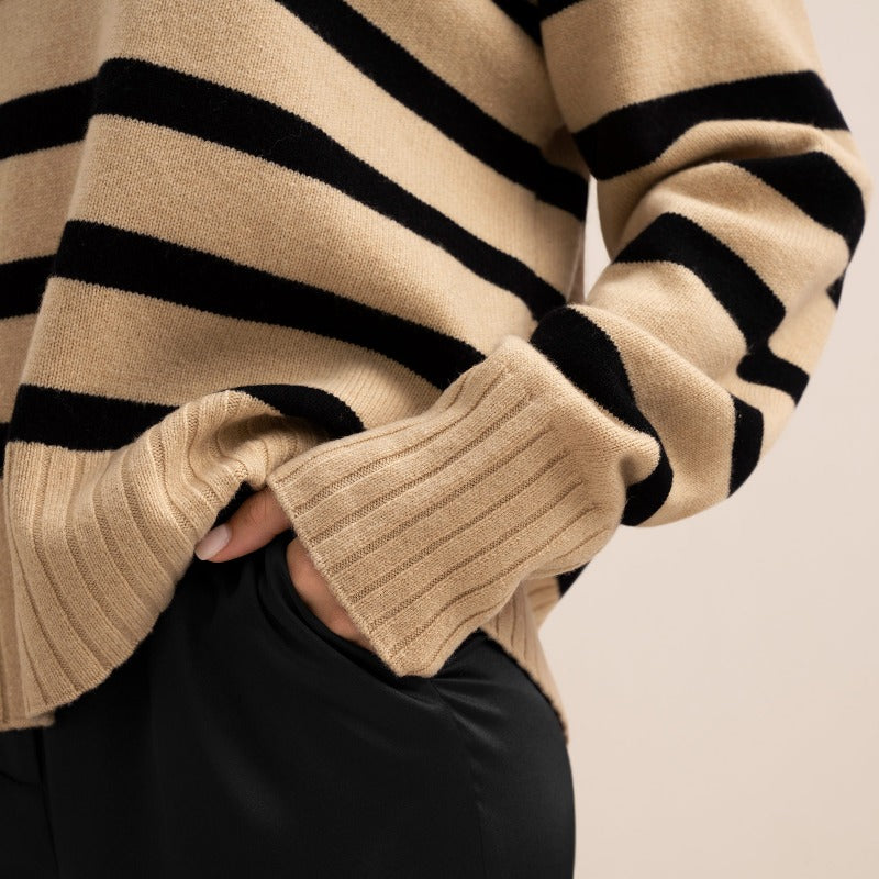 Custom Turn-down Collar Wool Blend Women’s Knitted Sweater - Black & Beige Striped