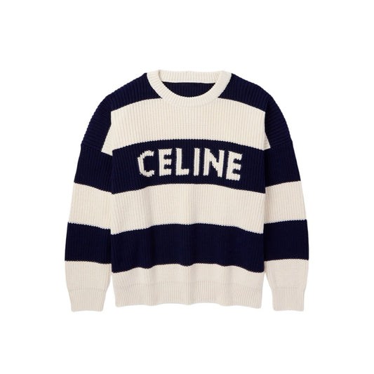 Wholesale Custom Man Knit Sweater Striped Ribbed 7GG Chunky Round Neck Pullover Cotton