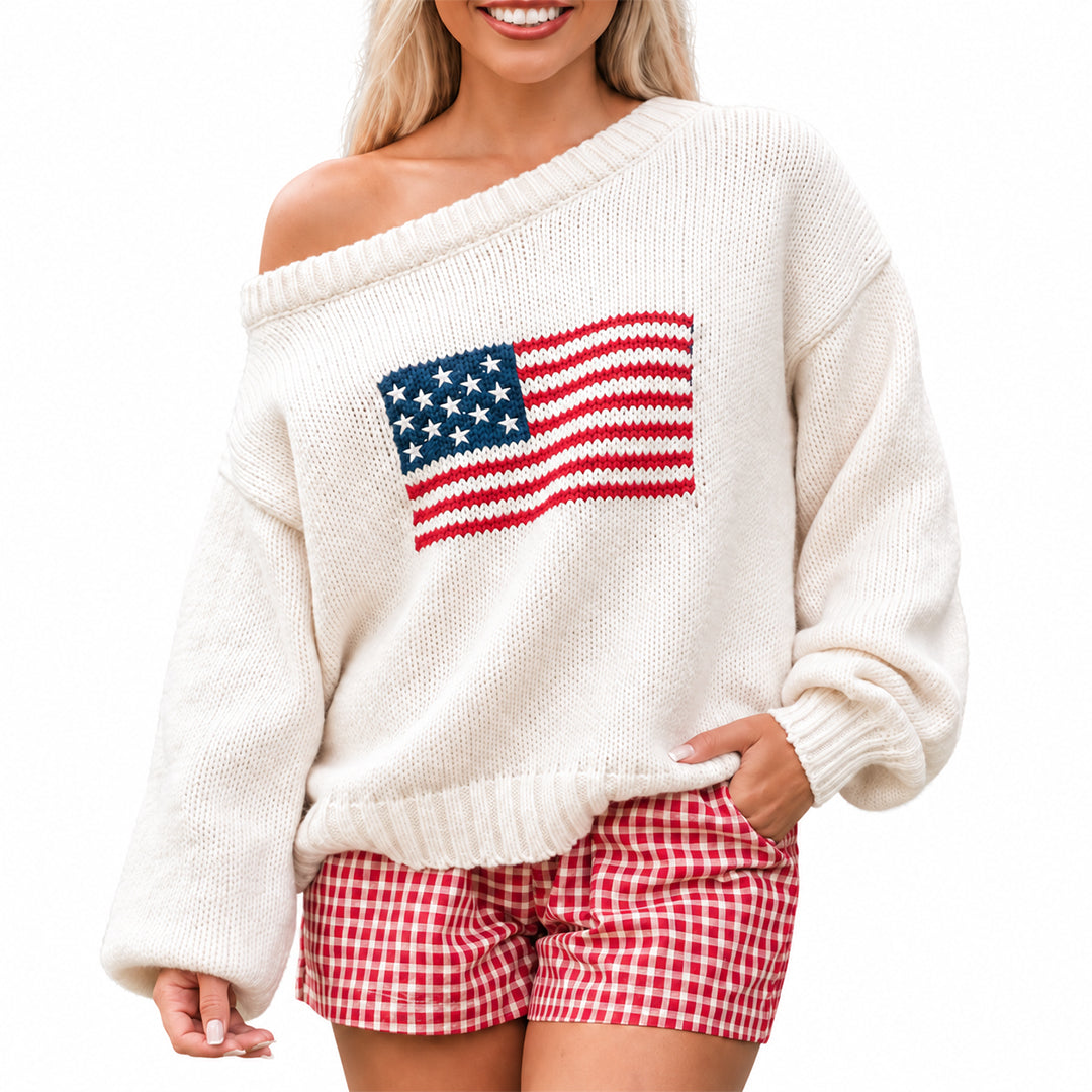 Close-up front view of white patriotic graphic knit pullover