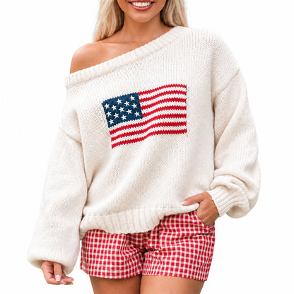 Close-up front view of white patriotic graphic knit pullover
