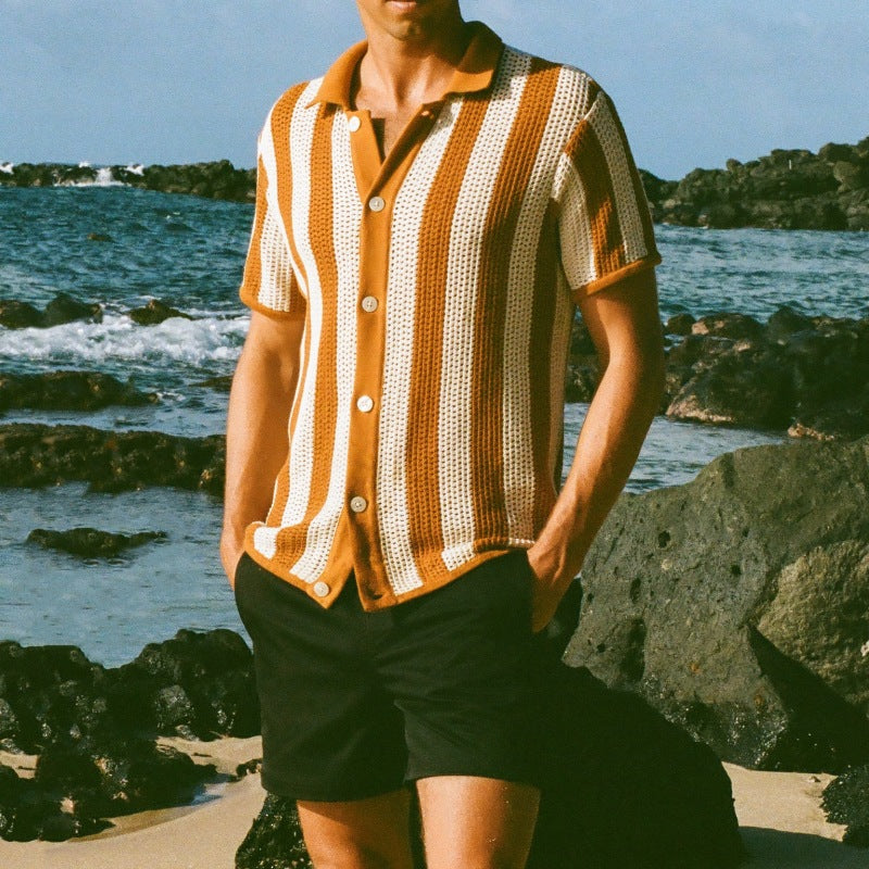 Man wearing custom striped short sleeve crochet knit polo shirt at the beach