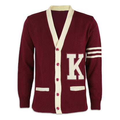 Maroon custom Greek varsity cardigan with white letter K embroidery and contrasting white stripes on the sleeve. Perfect for fraternity and sorority bulk orders