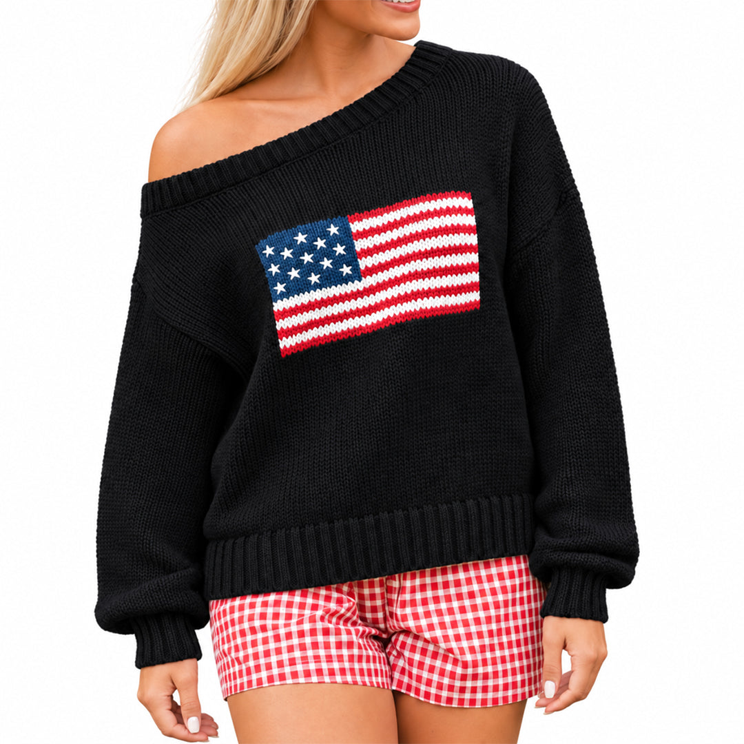 Black off-shoulder sweater featuring a red white and blue flag graphic