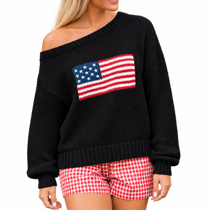 Black off-shoulder sweater featuring a red white and blue flag graphic
