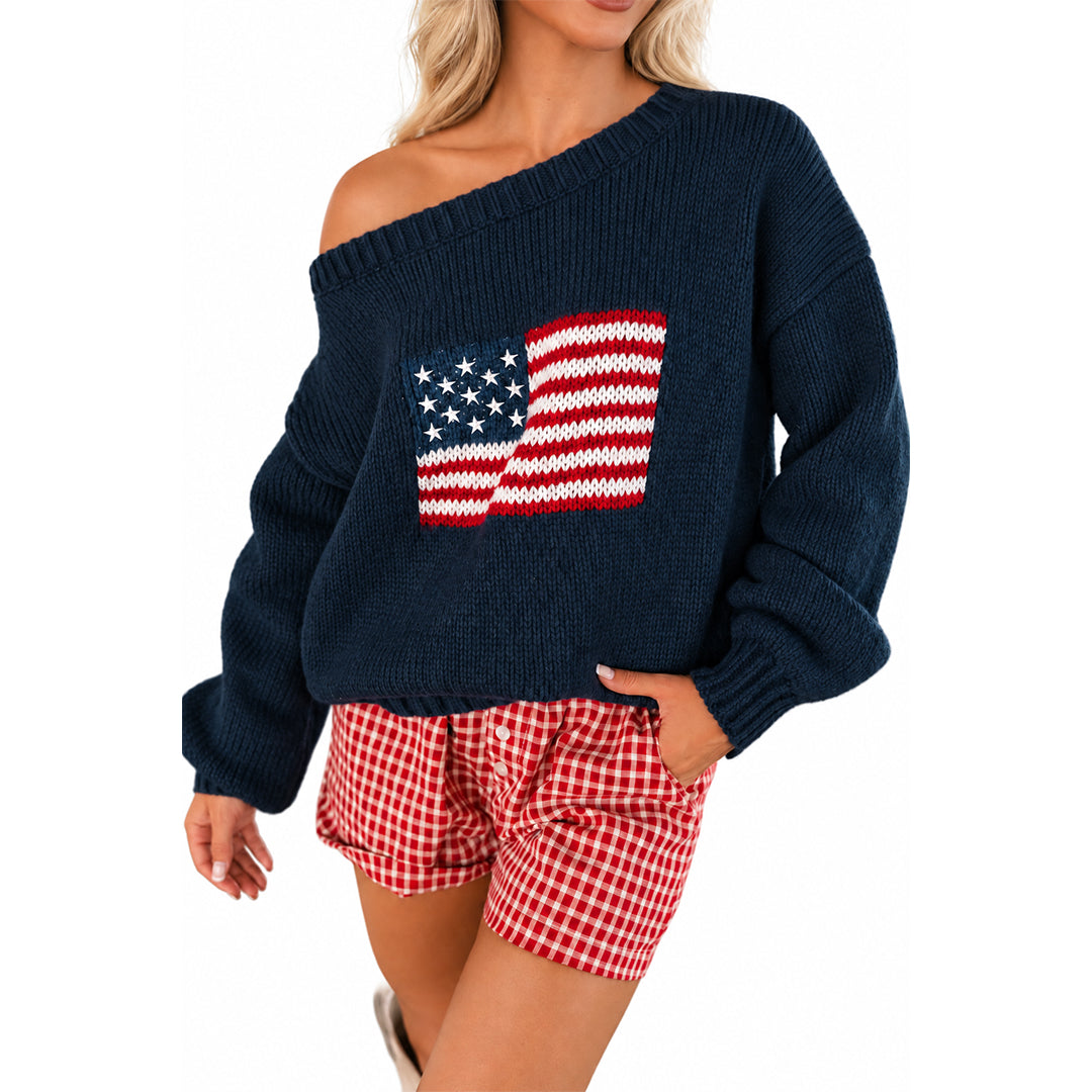 Black off-shoulder sweater featuring a red white and blue flag graphic