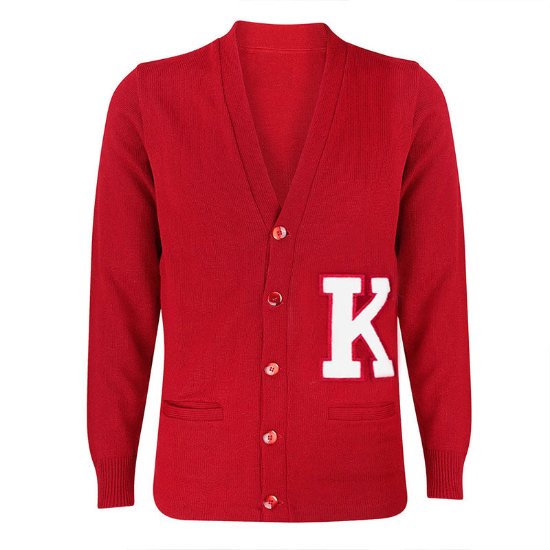 Bright red custom Greek varsity cardigan with white letter K embroidery. High-quality knit cardigan, suitable for sorority and fraternity groups