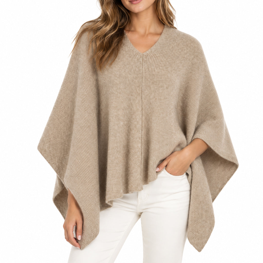 Women's taupe V-neck poncho sweater with wide batwing sleeves