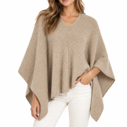 Women's taupe V-neck poncho sweater with wide batwing sleeves