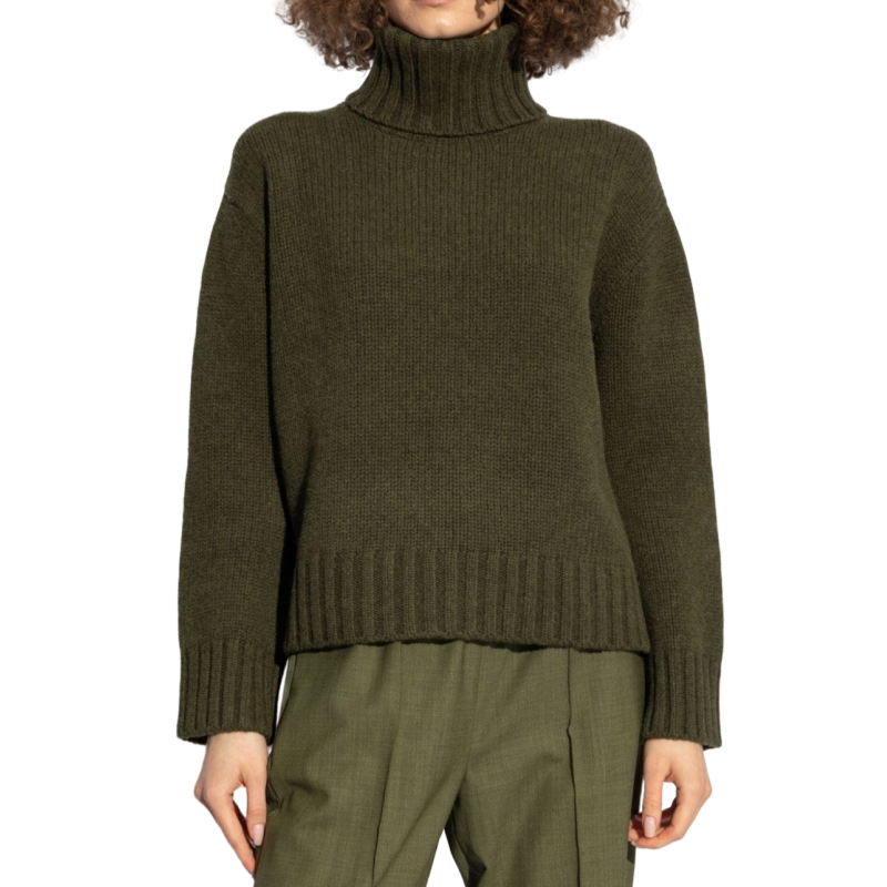 Front view of an olive green wool blend turtleneck sweater with ribbed hem and cuffs, designed for men.