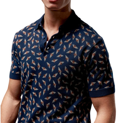 Close-up of a man wearing a dark navy custom jacquard knit polo shirt, 100% cotton