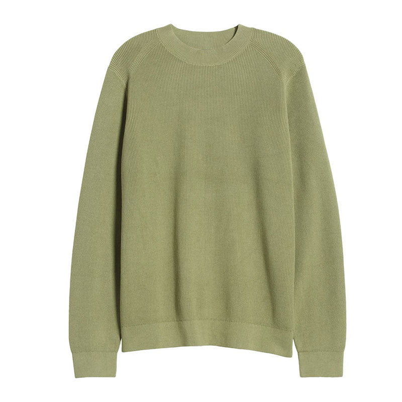 Flat lay of a custom 100% cotton men knit sweater in olive green, showcasing its solid crew neck design.