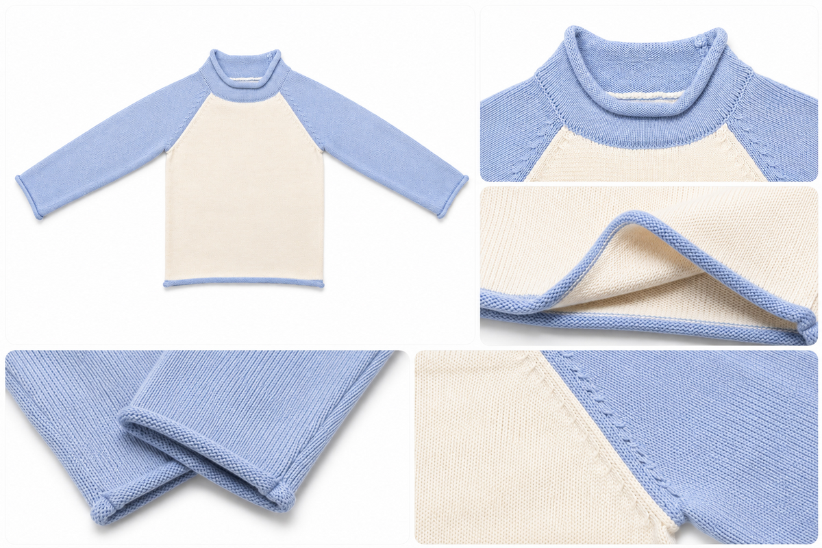 Close-up of a kids' raglan sleeve knit pullover showing the neckline, sleeve seams and blue contrast details.