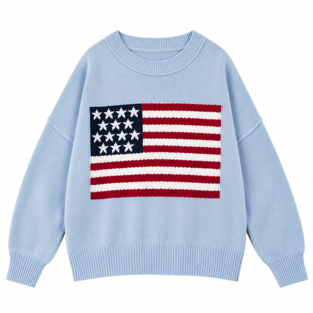 Light blue American flag sweater with long sleeves and ribbed neckline and hem