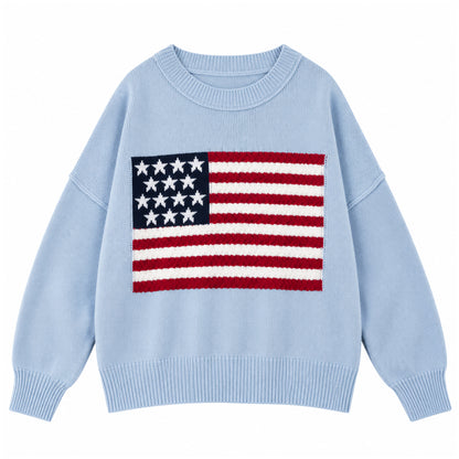 Light blue American flag sweater with long sleeves and ribbed neckline and hem