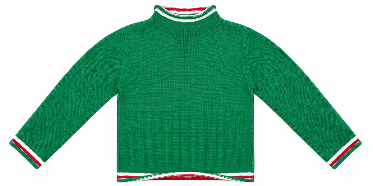 Blank green kids' knit pullover with white contrast details, front view.