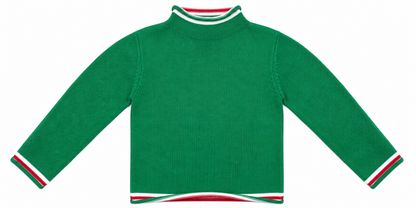 Blank green kids' knit pullover with white contrast details, front view.