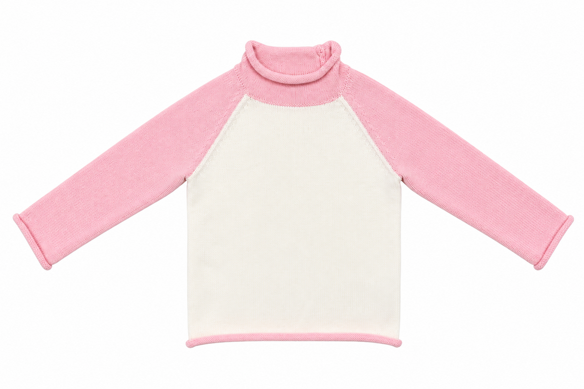 Pink-trim kids' knit pullover sweater, front view.