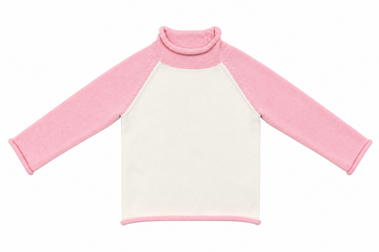 Pink-trim kids' knit pullover sweater, front view.