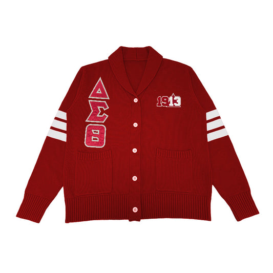 Custom Delta Sigma Theta cardigan in red with embroidered Greek letters and 1913 patch – designed for sorority members