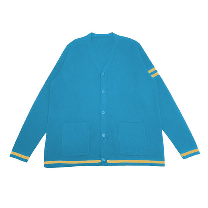 Custom blue cardigan with yellow stripes, designed for group and organization wear, perfect for preppy style or letterman cardigan customization