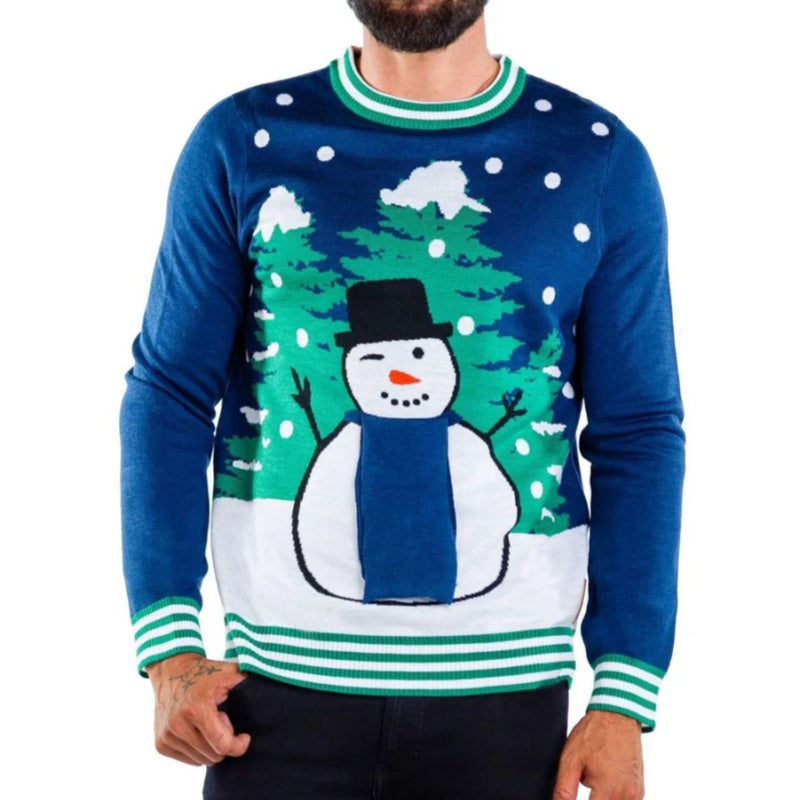 Front view of a custom Christmas knit sweater featuring a cheerful snowman design with a snowy forest background, accented with green and white stripes on the collar and hem.