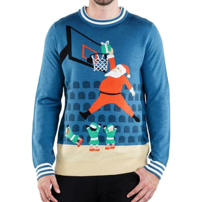 Front view of a custom basketball-themed ugly Christmas sweater in blue, featuring Santa dunking a gift into a basketball hoop while elves cheer.