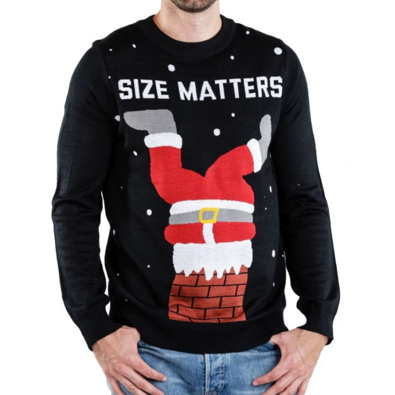 Front view of a custom Christmas ugly sweater featuring a humorous Santa Claus stuck in a chimney design with the text 'Size Matters' in bold lettering.