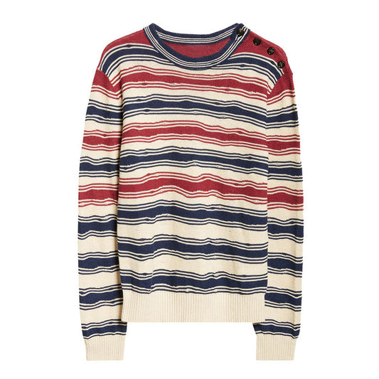 Multi-color stripe linen knit sweater with red, navy, and cream stripes and button details on the shoulder.