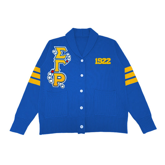 Custom Sigma Gamma Rho sorority cardigan in royal blue and gold with embroidered Greek letters ΣΓΡ and 1922