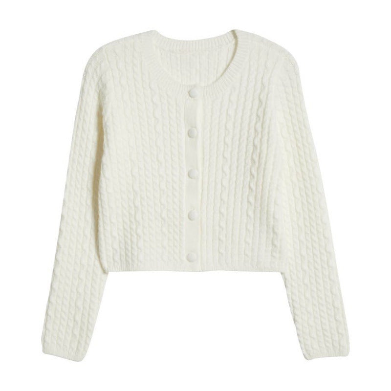 White cable knit cardigan with crew neck and front button closures, displayed on a plain background. Ideal for custom knit sweater collections.