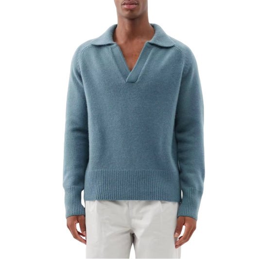 Front view of a blue 100% cotton premium quality men’s knit pullover sweater with polo collar and ribbed cuffs and hem