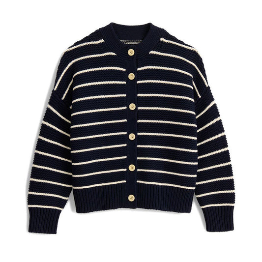 Navy and white striped O-neck cardigan laid flat - custom knit sweater.