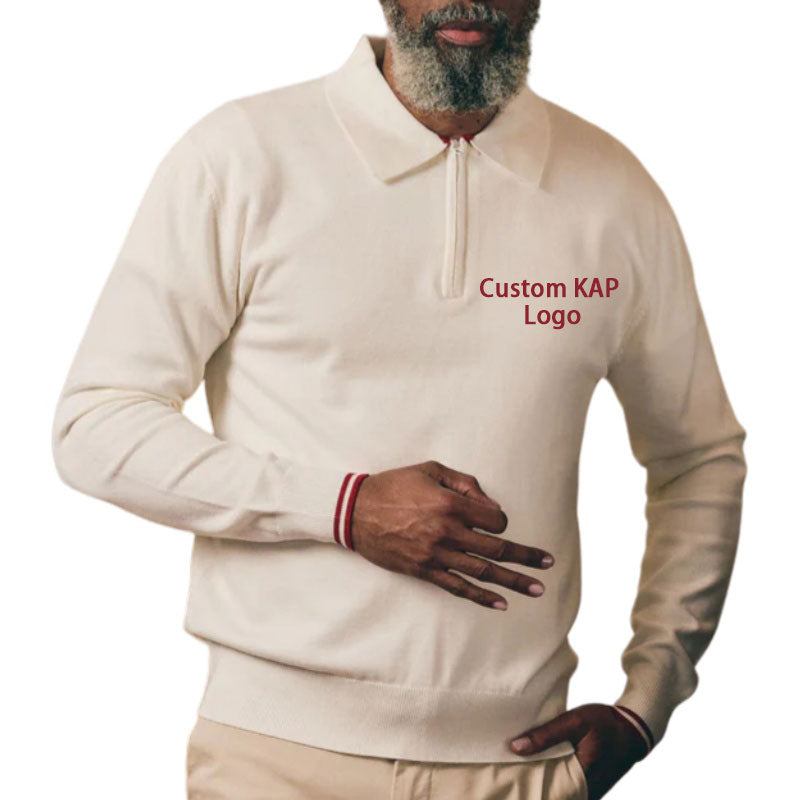 Custom cream-colored Greek embroidery sweater with KAP logo on the chest, designed for fraternities. OEM manufacturer offering bulk orders