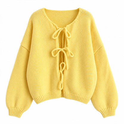 Yellow tie-front knit cardigan with relaxed sleeves