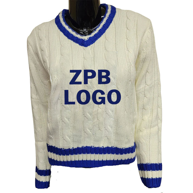 Custom Greek sweater in white with blue ZPB logo, designed for sorority organizations. High-quality knitwear ideal for custom orders.