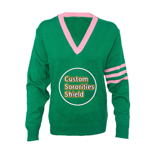 Green custom sorority cardigan with pink accents and stripes, displaying a custom sororities shield emblem on the front.