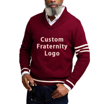 An older gentleman wearing a maroon custom fraternity sweater with white stripes on the sleeves and the text 'Custom Fraternity Logo' on the front, holding a pair of sunglasses.