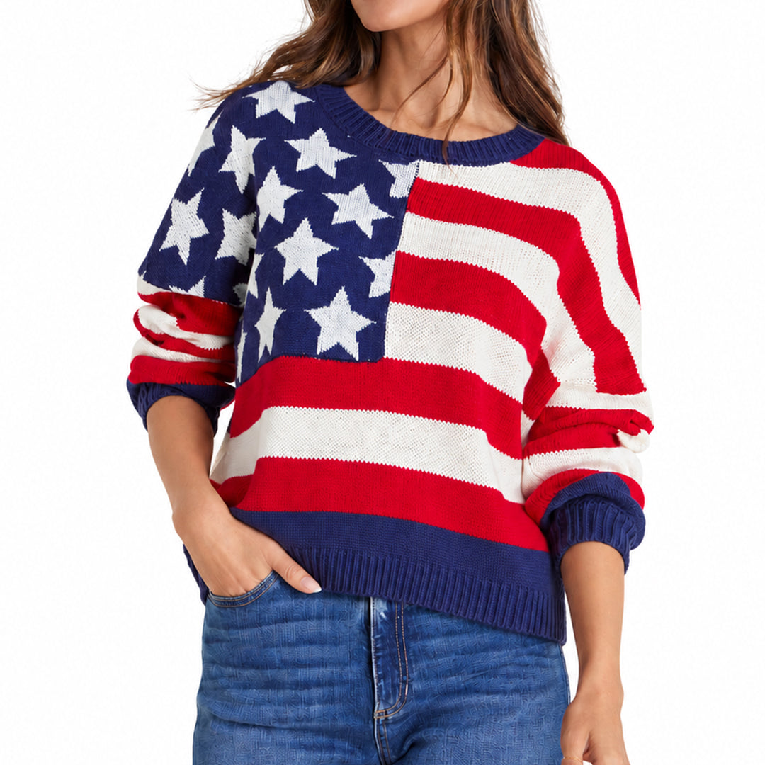 Red white and blue American flag striped sweater with crew neck