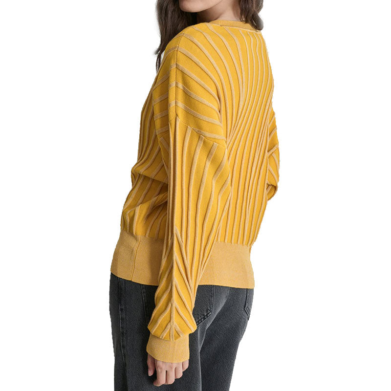 Back view of a yellow women's cotton blend knit pullover sweater with striped design