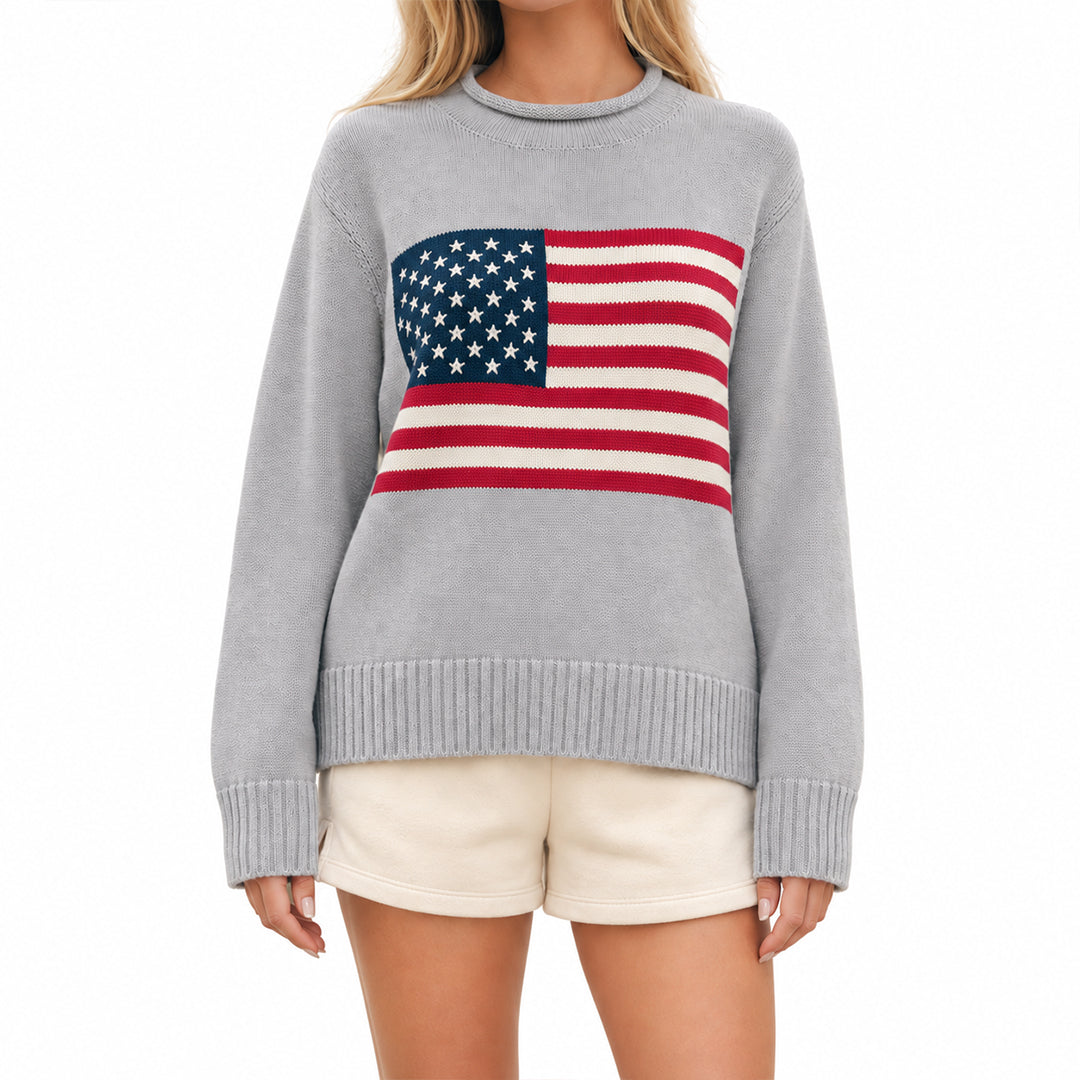 Grey crew neck pullover with oversized American flag chest graphic