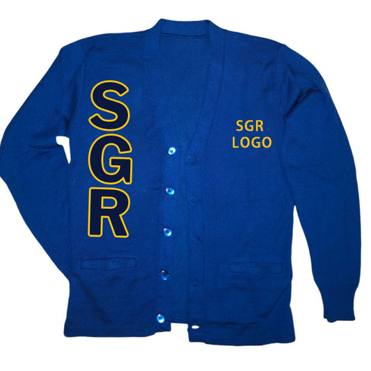 Blue cardigan with yellow "SGR" letters and "SGR LOGO" embroidery