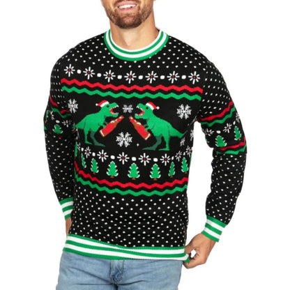 Front view of a custom 100% cotton Christmas dinosaur knit sweater with a festive design featuring two green dinosaurs wearing Santa hats holding bottles, surrounded by snowflakes and Christmas trees.