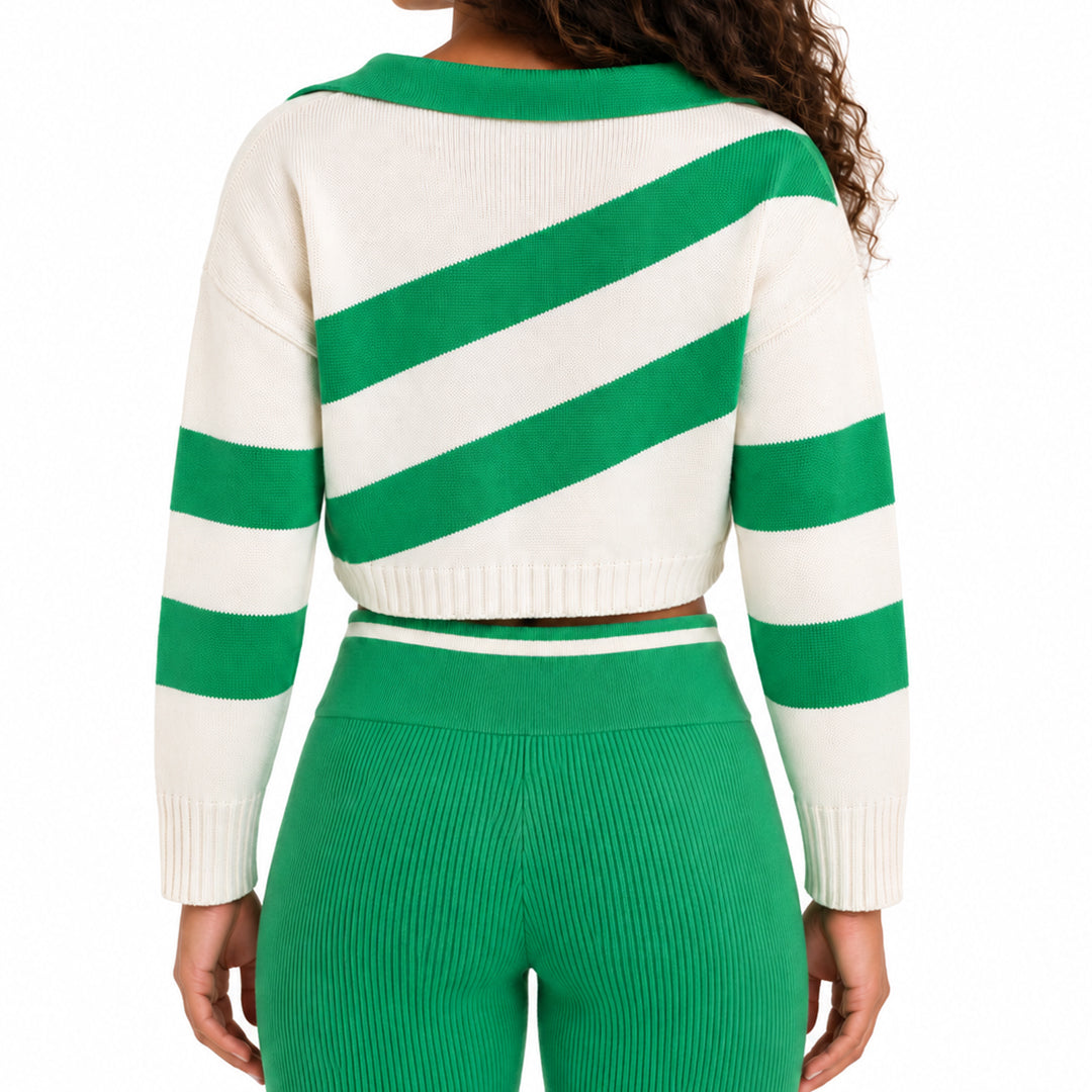 Women's white knit cardigan with green horizontal stripes