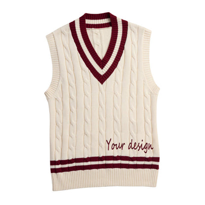 Cream cable knit vest with maroon trim and "Your design" embroidery