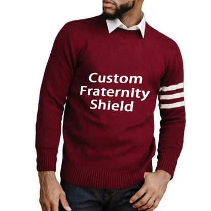 Custom fraternity knit sweater with white stripes on the sleeve and embroidered fraternity shield on the chest. Ideal for group orders