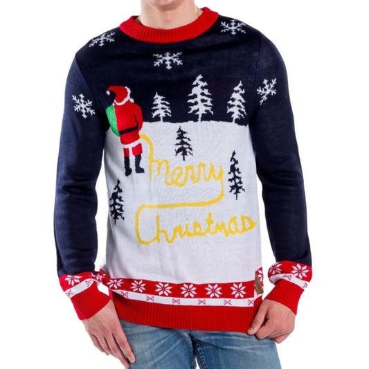 Front view of a custom Christmas sweater featuring a Santa Claus design with 'Merry Christmas' text, surrounded by a winter scene with trees and snowflakes.