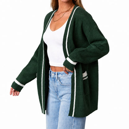 Women's forest green knit cardigan with white striped trim